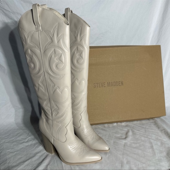 Steve Madden Lasso Lincoln High Bone Beige Cowboy Boots New Womans Knee High - Picture 8 of 11